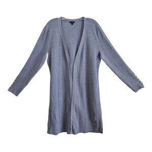 TALBOTS Women's L Cardigan Sweater Long Open Gray Ribbed Knit Cotton Modal 46"
